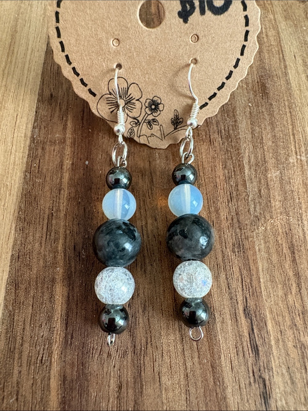 Handmade Black Beaded Drop Earrings- labradorite, plated quartz, white opal